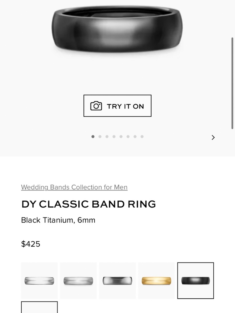 David Yurman Classic Band Ring in Black Titanium 6mm size 9